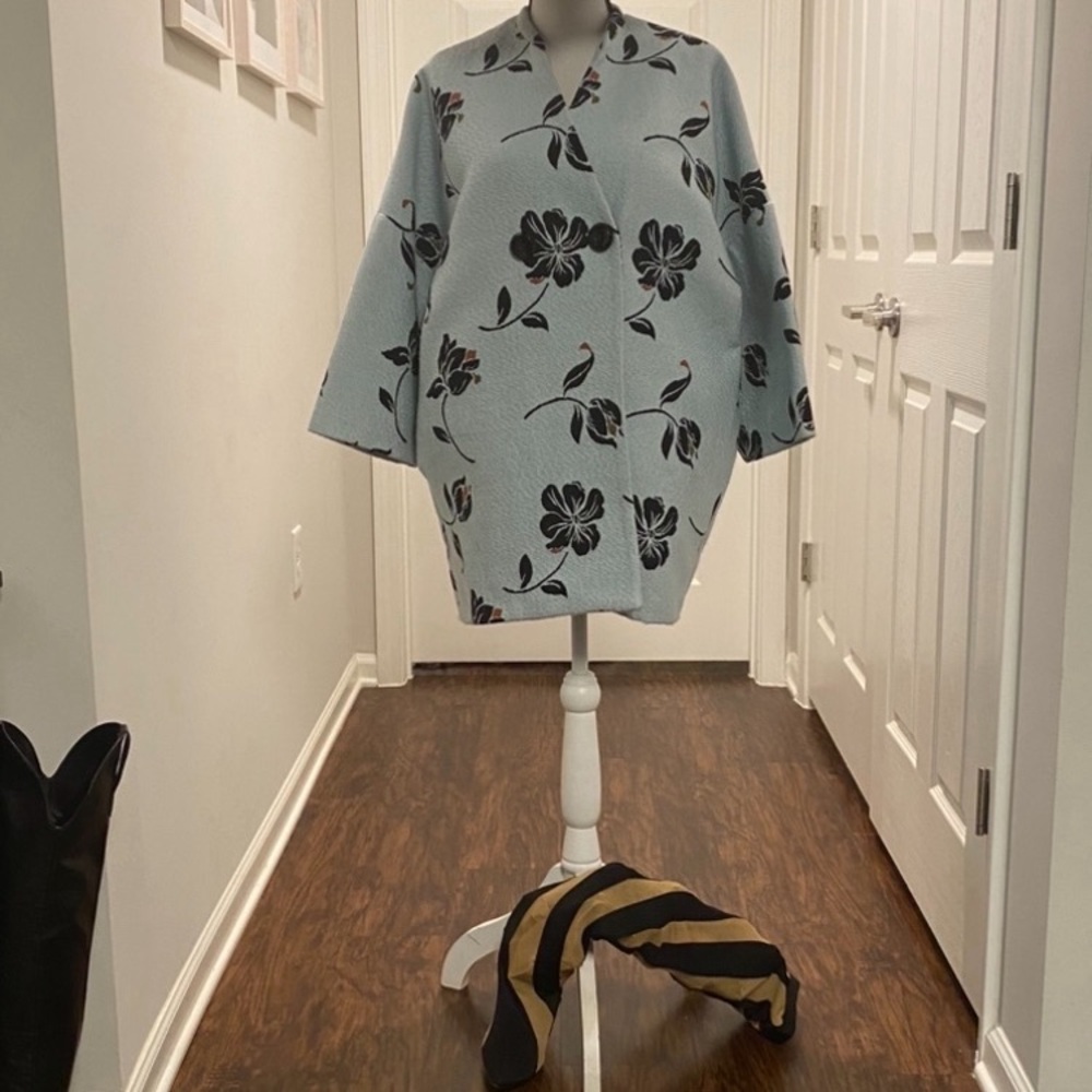Zara Floral Pea Coat in Light Blue and Black